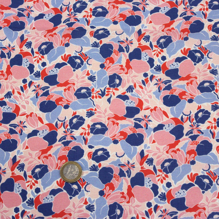 Tissu Microfibre de viscose motif fleuri bleu rose et rouge - tissuspapi