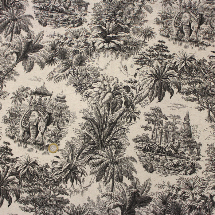 Tissu de coton façon lin Toile de Jouy grise illustration indienne, maharaja, tigres et éléphants - tissuspapi
