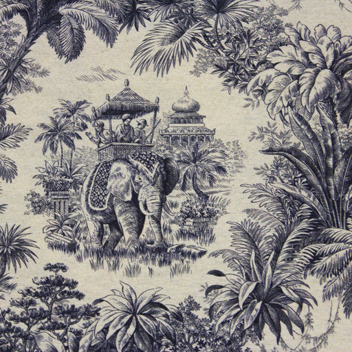 Tissu de coton façon lin Toile de Jouy bleue illustration indienne, maharaja, tigres et éléphants - tissuspapi