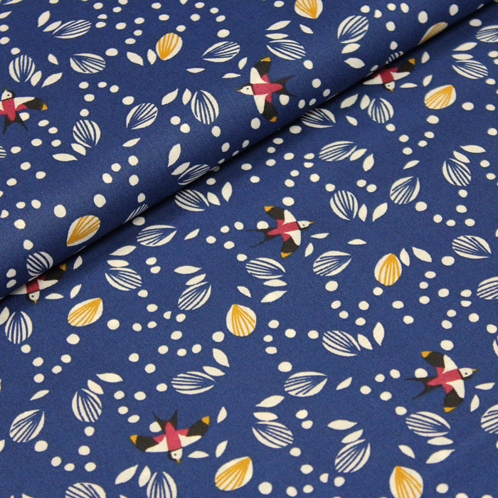 Tissu de coton aux hirondelles & formes géométriques, fond bleu roi - Oeko-Tex - tissuspapi