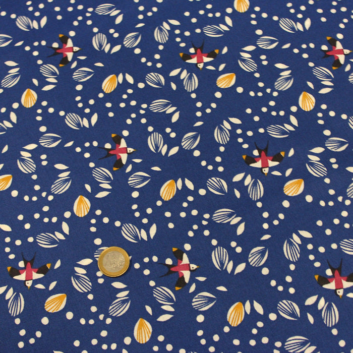 Tissu de coton aux hirondelles & formes géométriques, fond bleu roi - Oeko-Tex - tissuspapi
