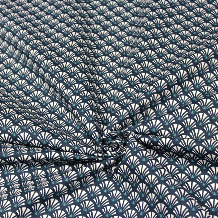 Tissu de coton motif ART DÉCO bleu marine aux éventails blancs - OEKO-TEX® - tissuspapi