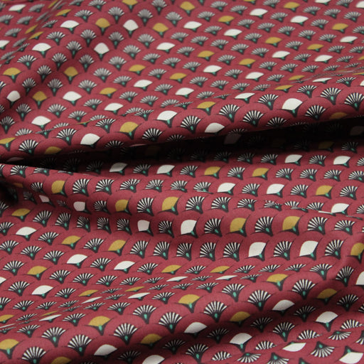 Tissu de coton motif ART DÉCO rouge bordeaux aux éventails noirs, ocres et blancs - OEKO-TEX® - tissuspapi