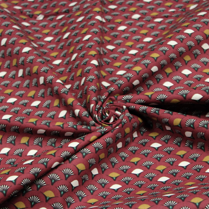 Tissu de coton motif ART DÉCO rouge bordeaux aux éventails noirs, ocres et blancs - OEKO-TEX® - tissuspapi