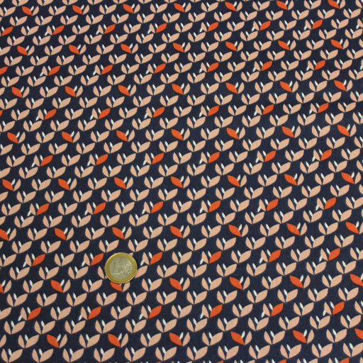 Tissu de coton bleu marina aux fleurs stylisées roses et oranges - OEKO-TEX® - tissuspapi