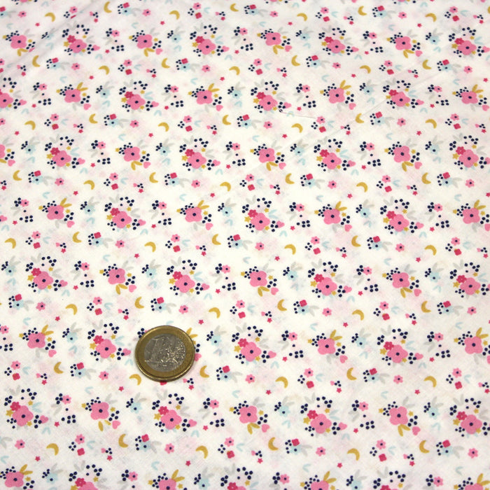 Tissu de coton blanc aux fines fleurs roses et pois bleu marine - OEKO-TEX® - tissuspapi