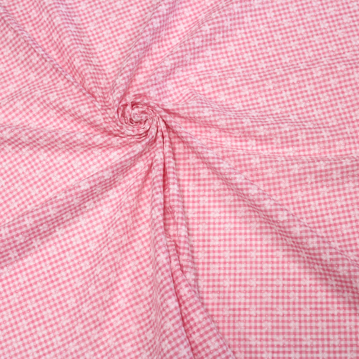 Tissu de coton Seersucker Vichy à carreaux roses et blancs 3mm et fines fleurs blanches - tissuspapi