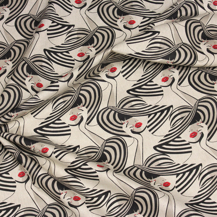 Tissu de coton façon lin la dame au chapeau, élégance et rouge à lèvres - OEKO-TEX® - tissuspapi