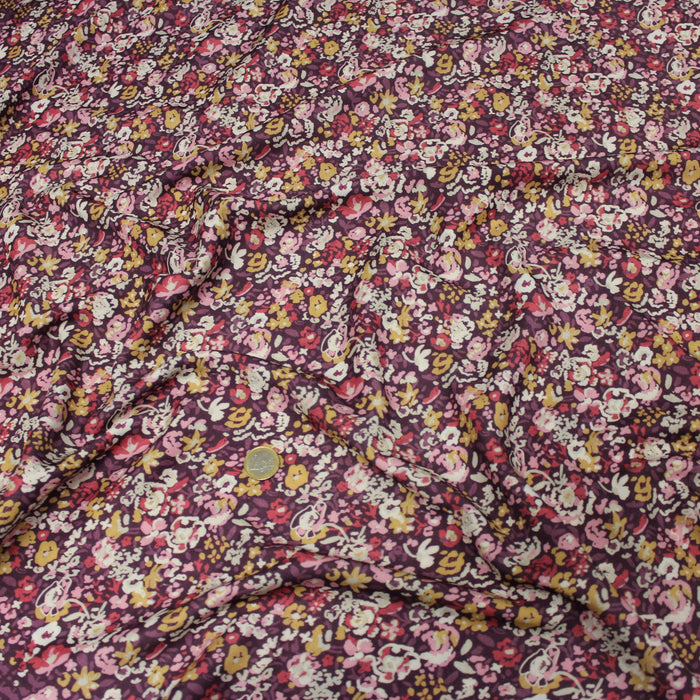 Tissu Microfibre de viscose prune aux fleurs jaunes, blanches et roses - OEKO-TEX® - tissuspapi