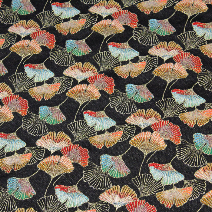 Tissu jacquard motif traditionnel japonais aux fleurs ginkgo multicolores, fond noir - Fabriqué en France - OEKO-TEX® - tissuspapi