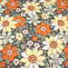 Tissu de coton fleuri seventies aux fleurs écrus & rouilles, fond vert kaki - COLLECTION SUNFLOWER - OEKO-TEX® - tissuspapi