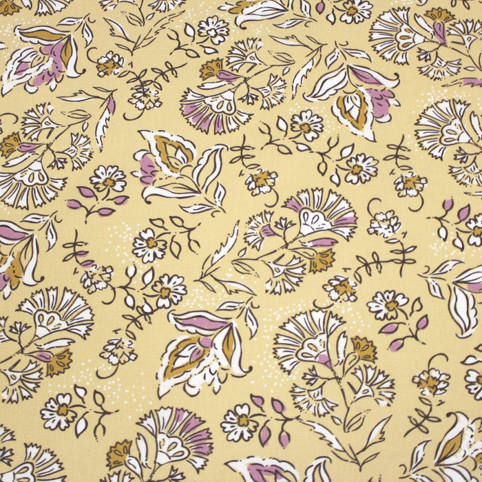 Tissu de coton fleuri indien aux fleurs, fond jaune blé - COLLECTION KALAMKARI - OEKO-TEX® - tissuspapi
