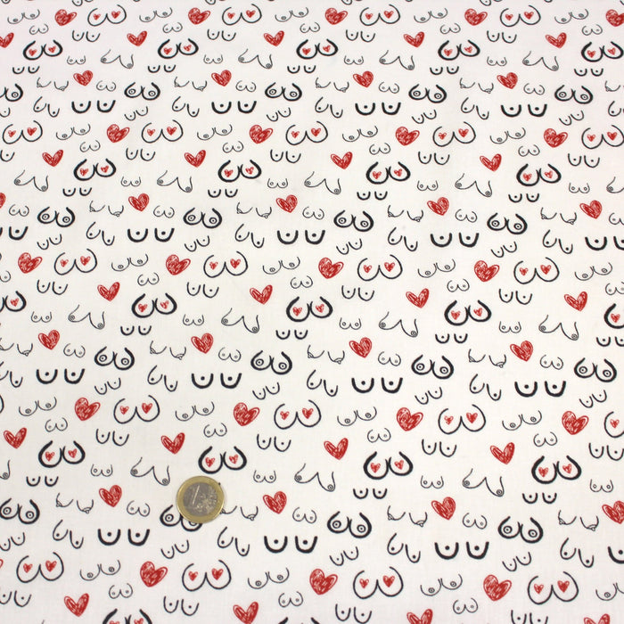 Tissu de coton BOOBS aux jolis seins dessinés et coeurs rouges, fond blanc - OEKO-TEX® - tissuspapi