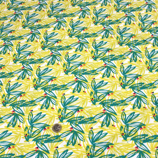 Tissu Microfibre de viscose aux feuilles tropicales jaunes & vert émeraude - OEKO-TEX® - tissuspapi