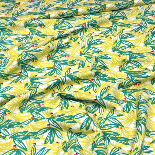 Tissu Microfibre de viscose aux feuilles tropicales jaunes & vert émeraude - OEKO-TEX® - tissuspapi