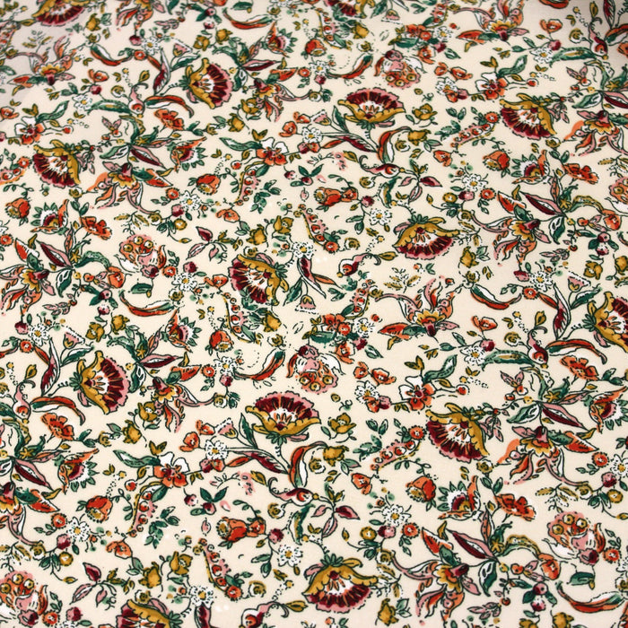 Tissu popeline de viscose écru aux fleurs bleues, vertes et blanches - Fabrication française - COLLECTION KALAMKARI - OEKO-TEX® - tissuspapi