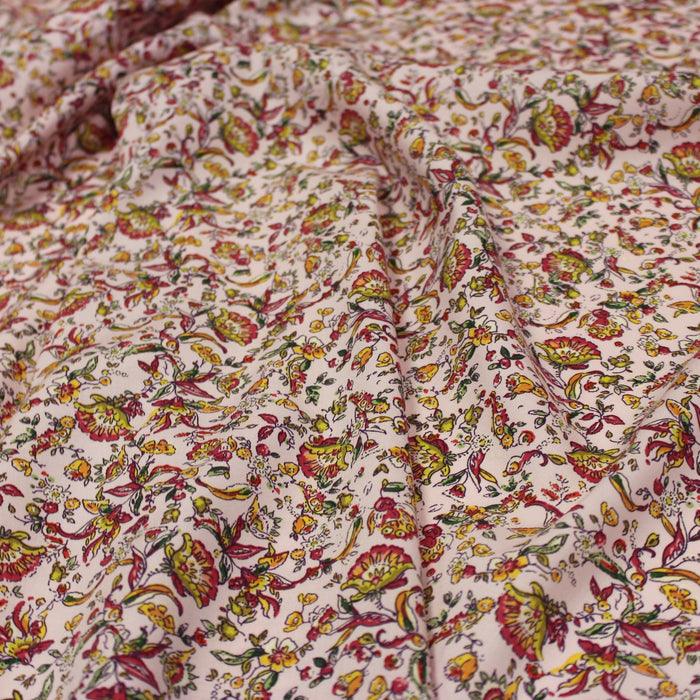 Tissu popeline de viscose rose aux fleurs bleues, vertes et blanches - Fabrication française - COLLECTION KALAMKARI - OEKO-TEX® - tissuspapi