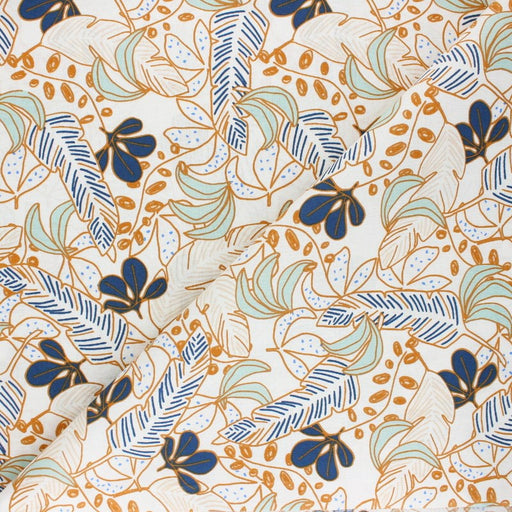 Tissu de coton TROPICAL aux feuillages ocre & bleu marine, fond blanc - OEKO-TEX® - tissuspapi