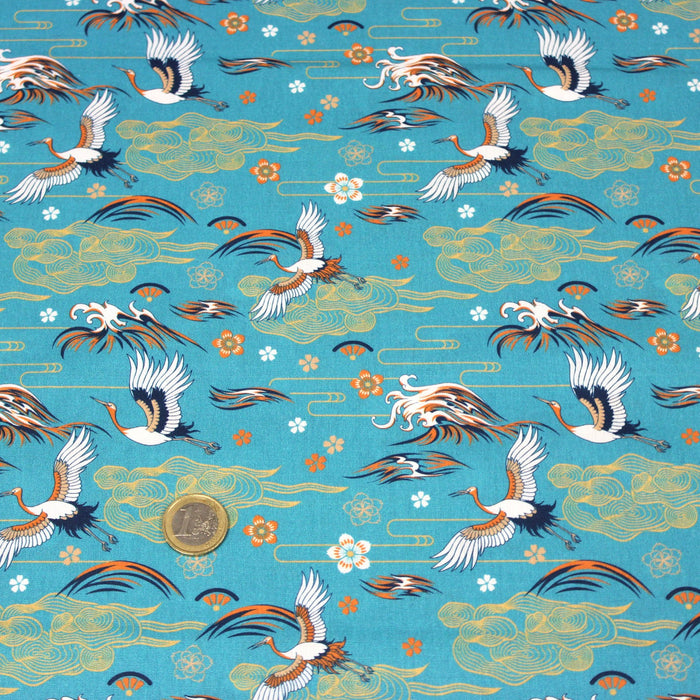 Tissu popeline de coton motif traditionnel japonais TSURU, fond bleu - COLLECTION TSURU - OEKO-TEX® tissuspapi