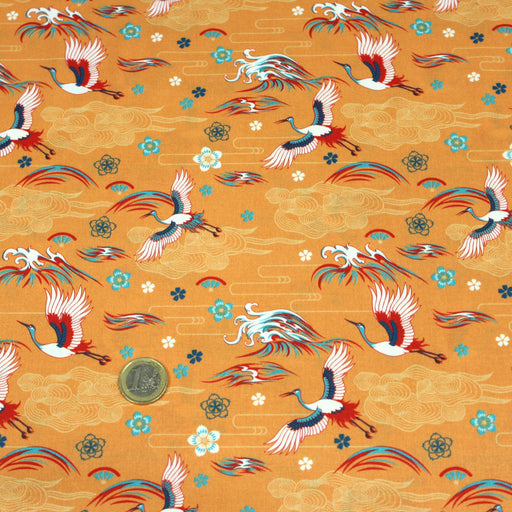 Tissu popeline de coton motif traditionnel japonais TSURU, fond jaune safran - COLLECTION TSURU - OEKO-TEX® tissuspapi