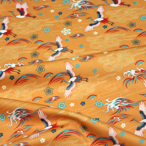 Tissu popeline de coton motif traditionnel japonais TSURU, fond jaune safran - COLLECTION TSURU - OEKO-TEX® tissuspapi