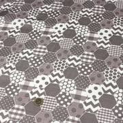 Tissu popeline de coton aux hexagones à pois, à carreaux, tons taupes & blancs - TissusPapi.com