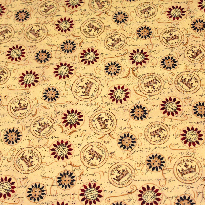 Tissu popeline de coton LE SCEAU DU ROI DE FRANCE, sceaux, couronnes et fleurs, tons jaune blés - TissusPapi.com