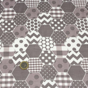 Tissu popeline de coton aux hexagones à pois, à carreaux, tons taupes & blancs - TissusPapi.com