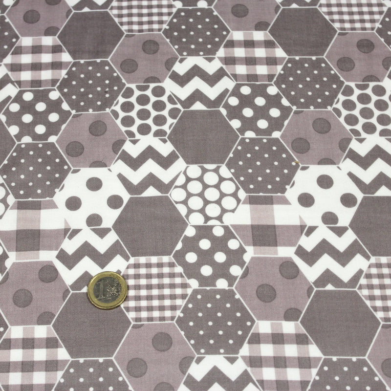 Tissu popeline de coton aux hexagones à pois, à carreaux, tons taupes & blancs - TissusPapi.com
