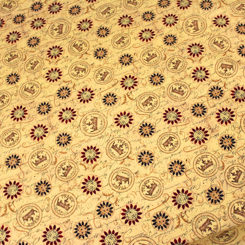 Tissu popeline de coton LE SCEAU DU ROI DE FRANCE, sceaux, couronnes et fleurs, tons jaune blés - TissusPapi.com