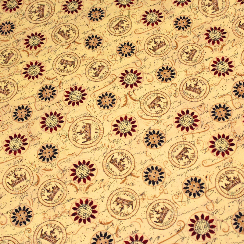 Tissu popeline de coton LE SCEAU DU ROI DE FRANCE, sceaux, couronnes et fleurs, tons jaune blés - TissusPapi.com