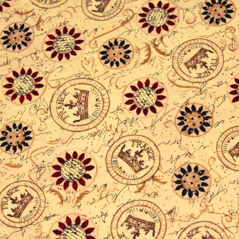 Tissu popeline de coton LE SCEAU DU ROI DE FRANCE, sceaux, couronnes et fleurs, tons jaune blés - TissusPapi.com