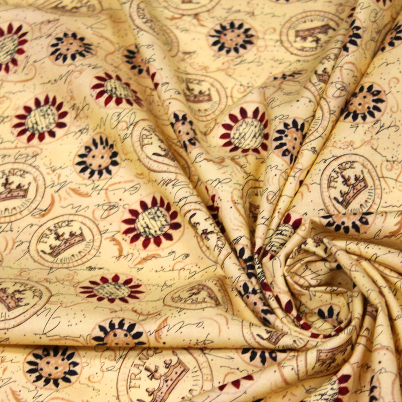 Tissu popeline de coton LE SCEAU DU ROI DE FRANCE, sceaux, couronnes et fleurs, tons jaune blés - TissusPapi.com