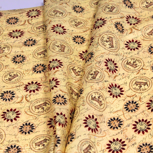Tissu popeline de coton LE SCEAU DU ROI DE FRANCE, sceaux, couronnes et fleurs, tons jaune blés - tissuspapi