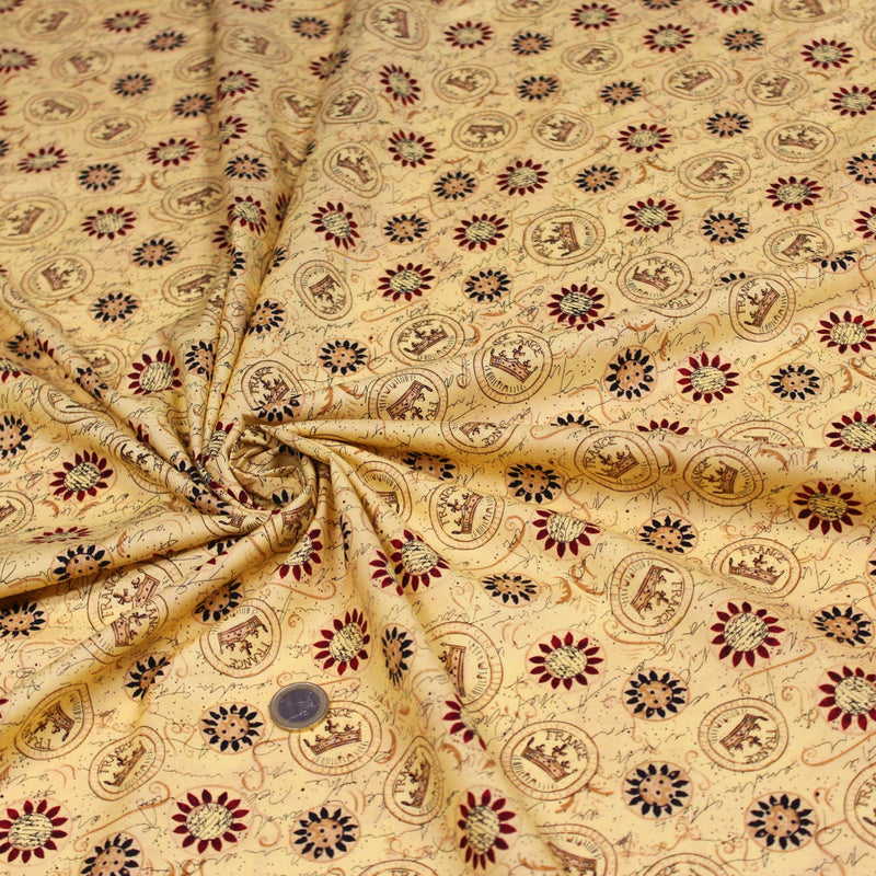 Tissu popeline de coton LE SCEAU DU ROI DE FRANCE, sceaux, couronnes et fleurs, tons jaune blés - TissusPapi.com