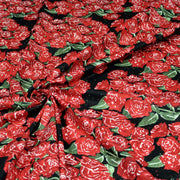 Tissu popeline de coton aux fleurs de roses rouges fond noir - TissusPapi.com