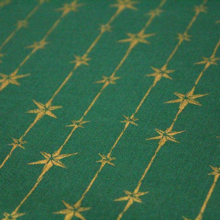 Tissu de coton de Noël aux étoiles & liserés dorés, fond vert - tissuspapi