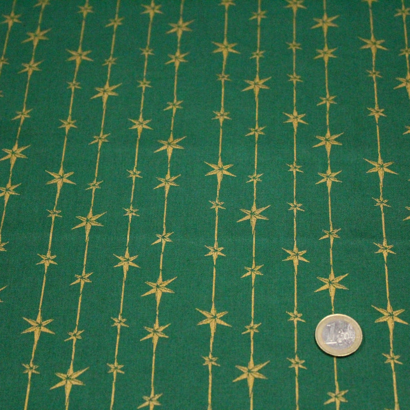 Tissu de coton de Noël aux étoiles & liserés dorés, fond vert - TissusPapi.com