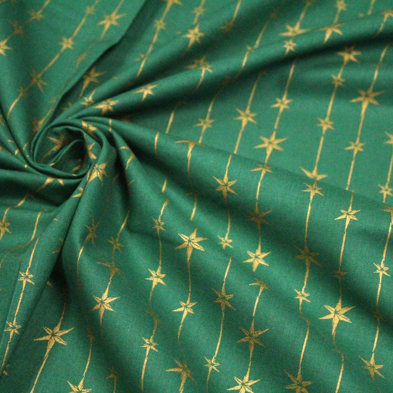 Tissu de coton de Noël aux étoiles & liserés dorés, fond vert - TissusPapi.com