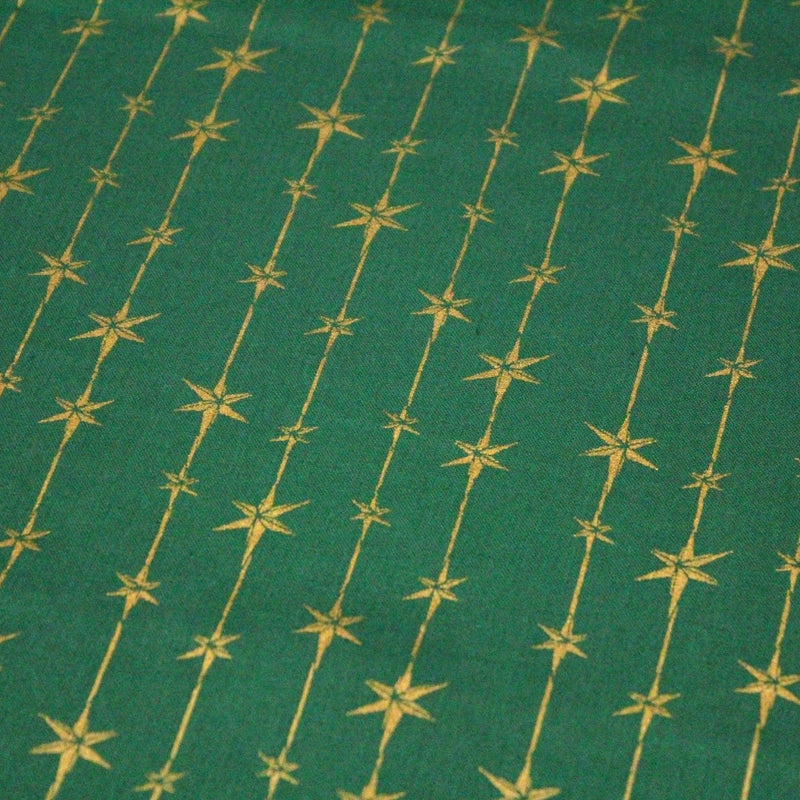 Tissu de coton de Noël aux étoiles & liserés dorés, fond vert - TissusPapi.com
