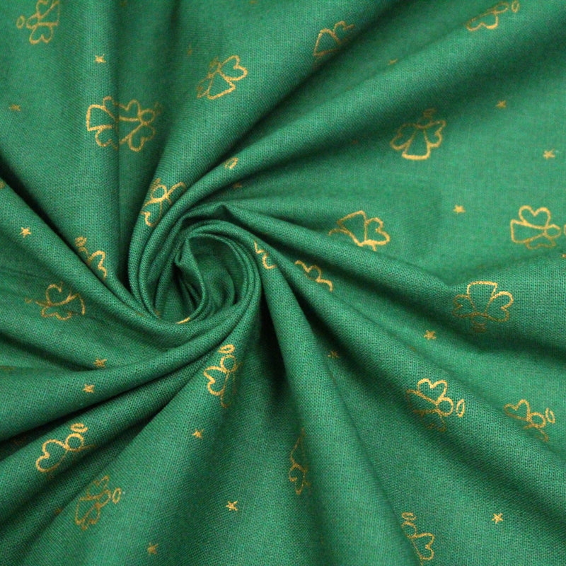 Tissu de coton de Noël aux anges dorés, fond vert - TissusPapi.com